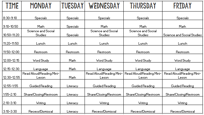 5th grade schedule for a self-contained classroom