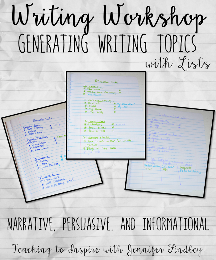 This post focuses on generating writing topics using lists for narrative, persuasive, and informational writing in a writer's notebook.