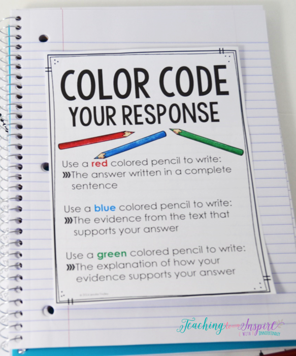 FREE printable to teach students to color code their constructed response reading answers.