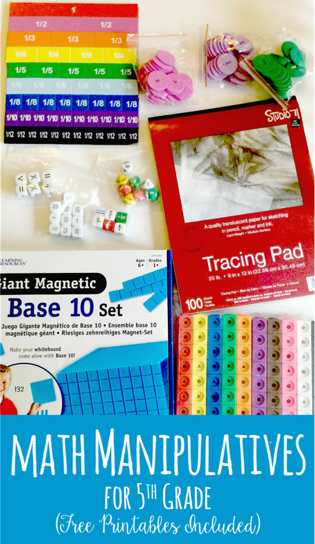 This post shares suggested math manipulatives for 5th grade with FREE printable activity pages to go with the manipulatives.