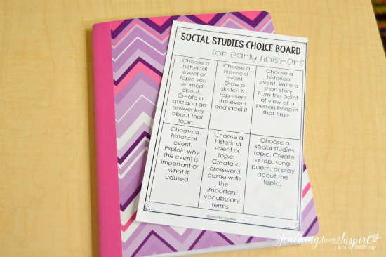 Using early finisher activities that tie in to your curriculum will give you the biggest bang for your buck. Grab this free early finisher social studies choice board!