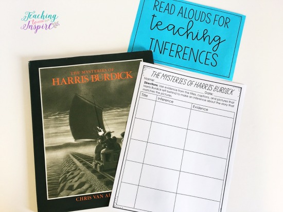 The Mysteries of Harris Burdick by Chris Van Allsburg is perfect for introducing students to inferences and using evidence to support those inferences. Click through to read about more suggested read alouds for teaching inferences.