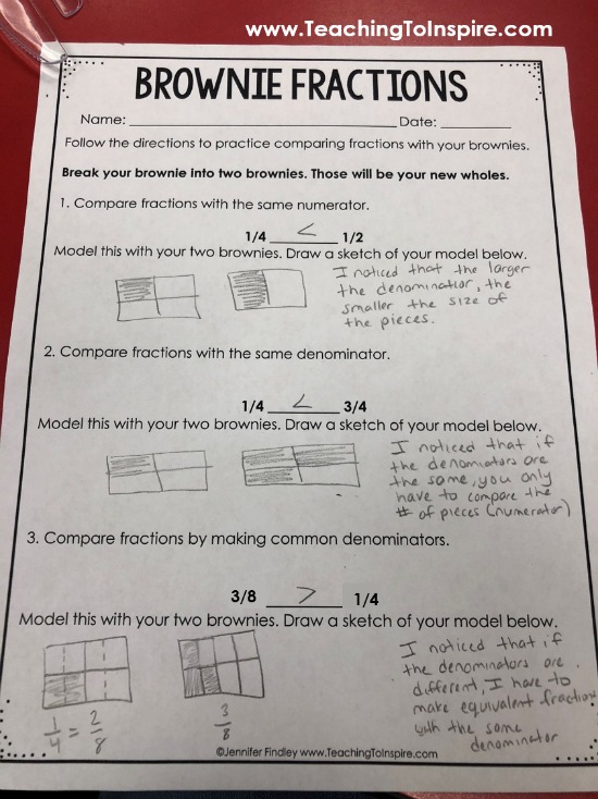 Want an engaging way to review or introduce comparing fractions? Check out this idea that uses brownies to compare fractions in three different ways. Free printables are included so you can do this comparing fractions activity with your class.