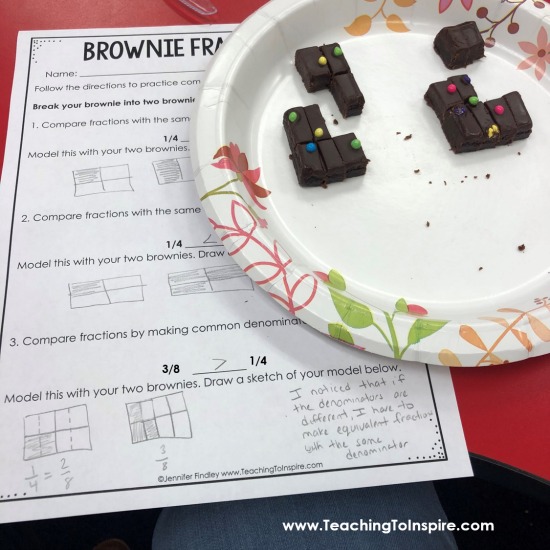 Want an engaging way to review or introduce comparing fractions? Check out this idea that uses brownies to compare fractions in three different ways. Free printables are included so you can do this comparing fractions activity with your class.