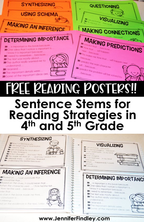 FREE sentence stems for reading strategies! Help your 4th and 5th grade readers share (and record) their thoughts while reading with these FREE sentence stems for reading strategies. 