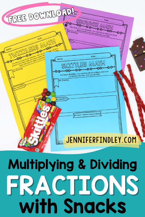 FREE multiplying and dividing fractions with snacks printables! This engaging lesson involves snacks and has the students solving word problems that involve multiplying and dividing fractions.