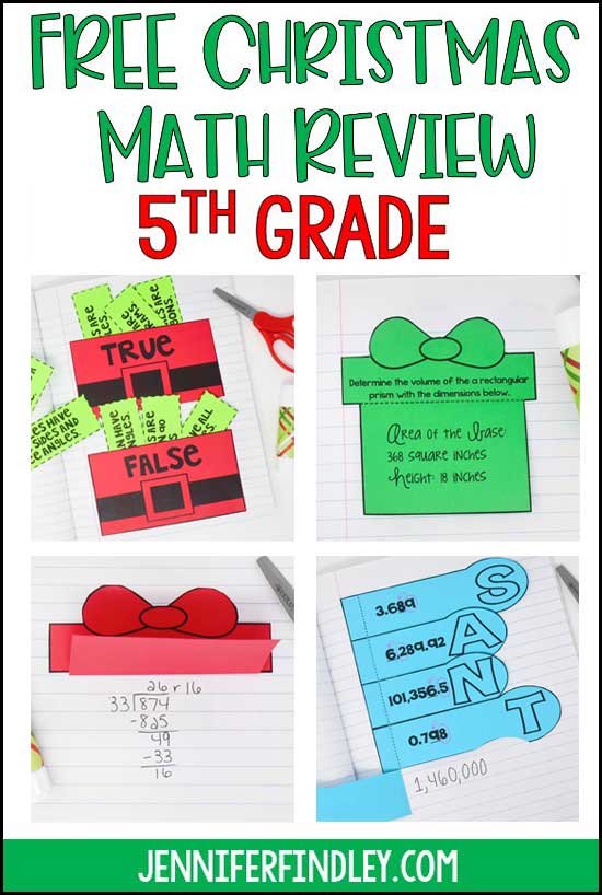 FREE Christmas math activity for 5th graders! This simple to prep Christmas math review uses interactive math notebook templates to review key 5th grade math skills. Use these in student notebooks or to make an interactive hall display!