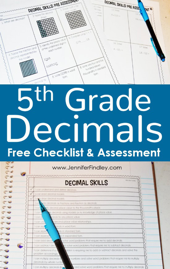 Resources for teaching decimals in 5th grade, including a free 5th grade decimals skills checkilst and a free decimals assessment.