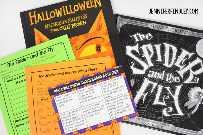 Halloween read alouds (with free printables) for upper elementary classrooms. Review poetry, theme, and context clues with these Halloween picture books.