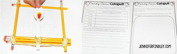Candy corn catapults! These are perfect fall or Halloween stem activities. Grab some free recording sheets on this post!