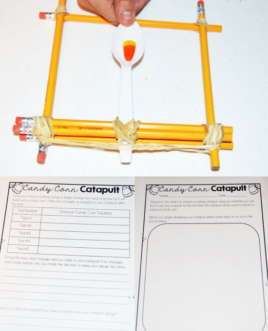 Candy corn catapults! These are perfect fall or Halloween stem activities. Grab some free recording sheets on this post!