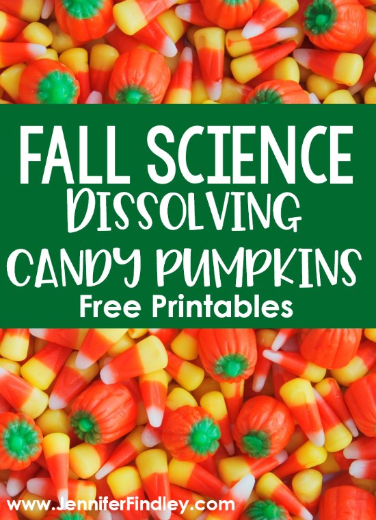 Fall or Halloween Science Experiment Freebies! Grab free printables to complete a fall science experiment that involves dissolving candy pumpkins in various liquids. Perfect for fall and Halloween!