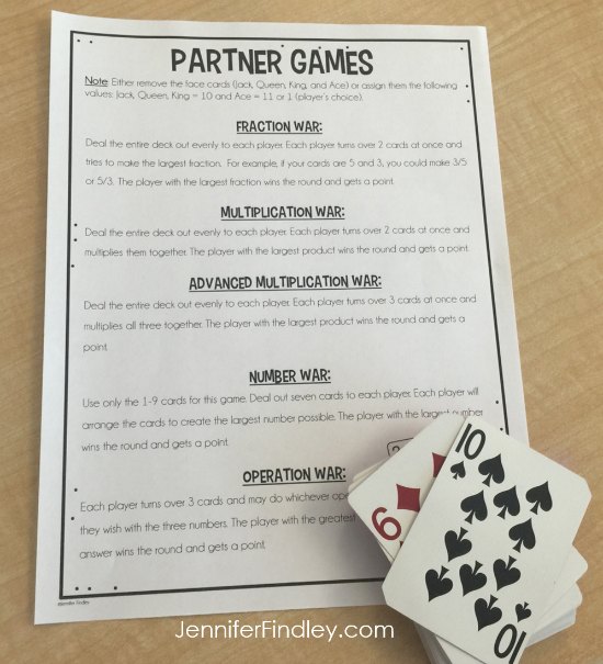 FREE math partner games to review upper elementary math skills with a deck of cards.