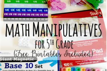 This post shares suggested math manipulatives for 5th grade with FREE printable activity pages to go with the manipulatives.