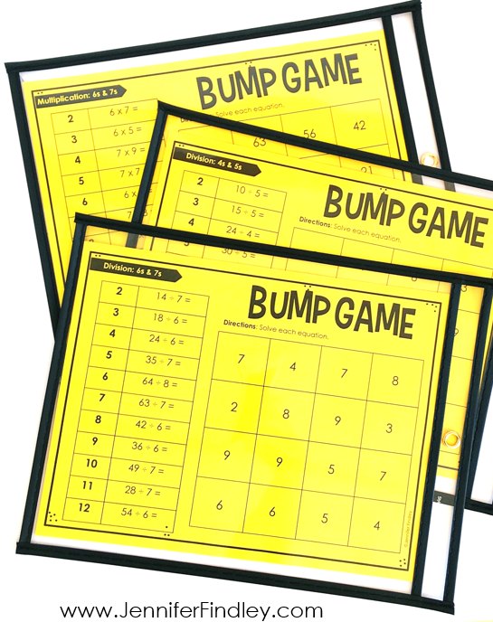 FREE math BUMP games for multiplication and division facts. These partner games are super low-prep and engaging. They work great for math centers, math partner games, and even early finishers.