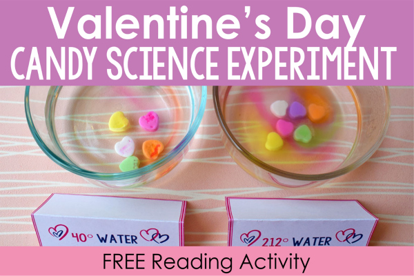 Dissolving candy hearts in various temperatures of water is an engaging Valentine’s Day science activity that your students will enjoy. Download free printables (including an introductory background building reading passage) on this post.