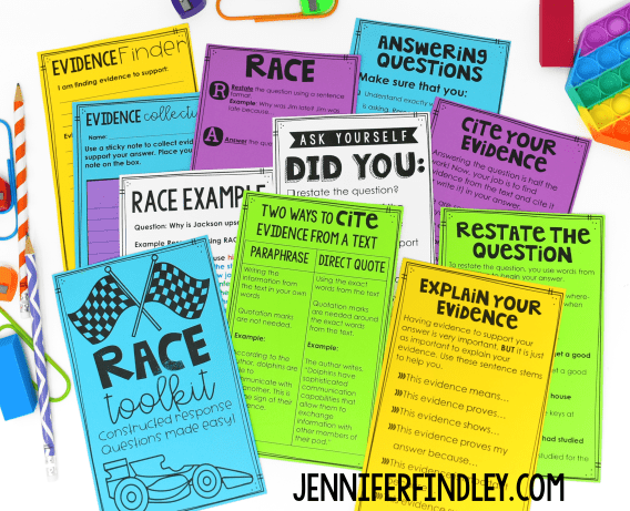 Using the RACE strategy is an effective way to help students answer constructed response reading questions. Read more details about using RACE and grab free RACE strategy posters and printables.