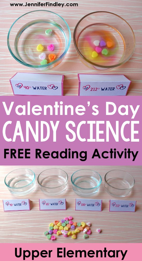 Dissolving candy hearts in various temperatures of water is an engaging Valentine’s Day science activity that your students will enjoy. Download free printables (including an introductory background building reading passage) on this post.