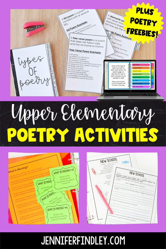 Check out these poetry activities for upper elementary that your students will love! This post includes a FREE poetry types booklet and a FREE poetry terms Bingo board!