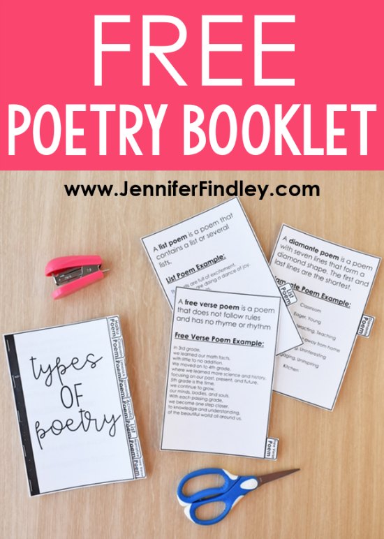 FREE Poetry Booklet! Check out these poetry activities for upper elementary that your students will love! This post includes a FREE poetry types booklet and a FREE poetry terms Bingo board!