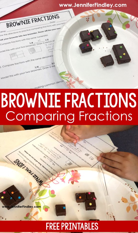 Want an engaging way to review or introduce comparing fractions? Check out this idea that uses brownies to compare fractions in three different ways. Free printables are included so you can do this comparing fractions activity with your class.