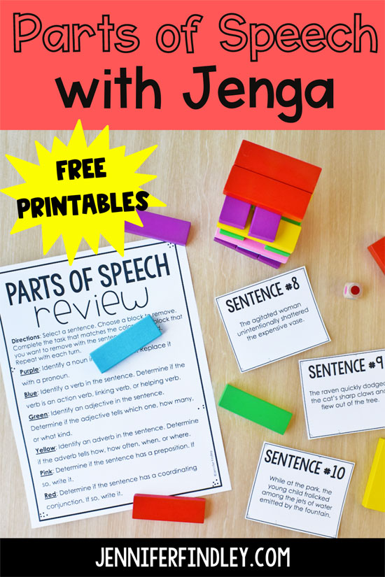 Want to review parts of speech in an engaging way? Click through to read about and download a FREE parts of speech review for 4th-5th grade using Jenga blocks.