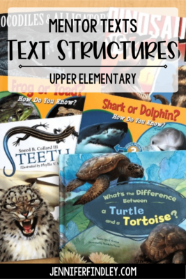 Check out this post for informational text structure mentor texts and read alouds for teaching text structure. The post also includes tips for introducing and teaching text structure to upper elementary students.
