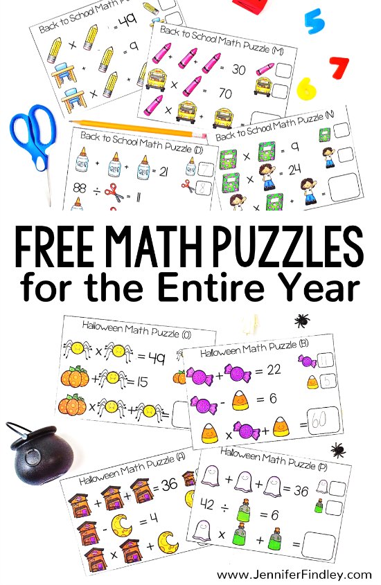 FREE Math Puzzles for the Entire Year! Challenge and engage your students with these engaging holiday and seasonal themed math puzzles!