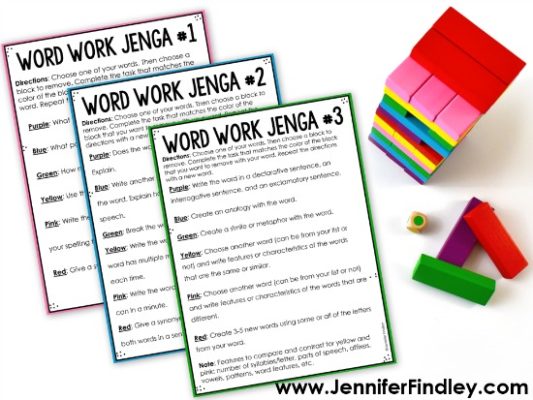 Looking for new engaging word work activities for your 4th and 5th graders? These FREE word work activities using Jenga will engage your students as they work with their spelling or word work lists.