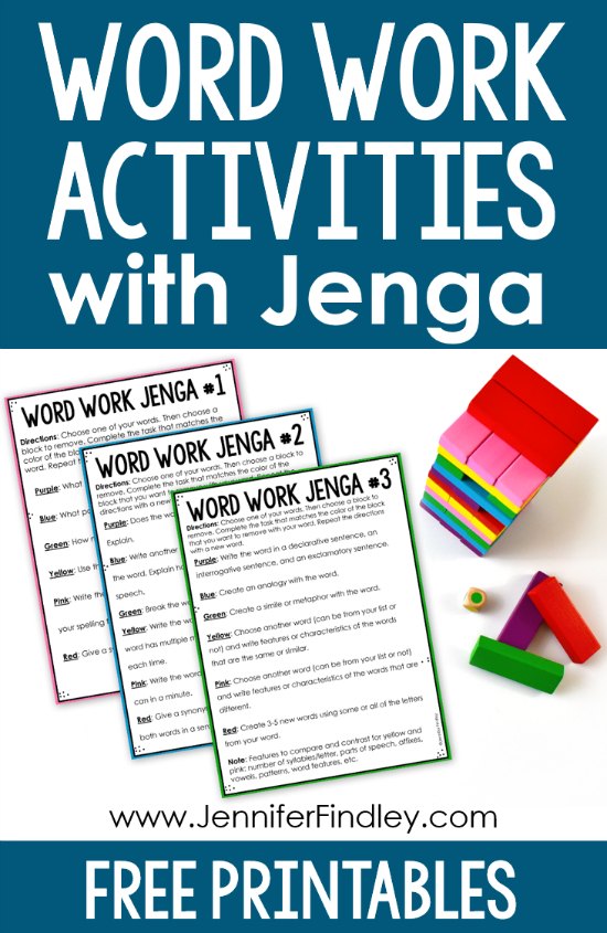 Looking for new engaging word work activities for your 4th and 5th graders? These FREE word work activities using Jenga will engage your students as they work with their spelling or word work lists.