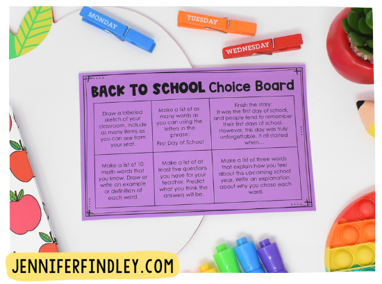 Free back to school choice board of activities for the first day of school! Worried about what to have the students do when they come in on the first day? Grab some free first day of school activities for morning work on this post!