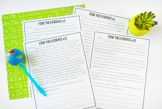 These “Find the Evidence” printables are a great way to teach students to find and cite text evidence when reading rigorous texts. Check out this post for more text evidence activities, tips, and strategies (with freebies!).