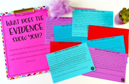 Help your students learn to analyze and explain text evidence using these “What Does the Evidence Reveal?” task cards!