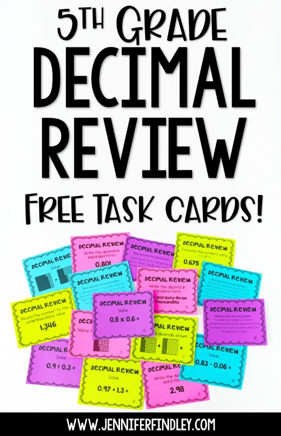 Free decimals review for 5th graders! Use these free decimal math task cards to review, remediate, or enrich depending on the needs of your students.