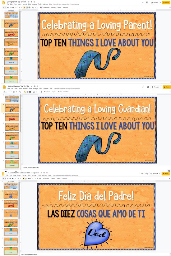 Need digital Father’s Day gift ideas that are inclusive to all of your students’ families? Grab a FREE Top Ten Slideshow Gift that your students can make easily in Google Slides and share with their loving guardians!
