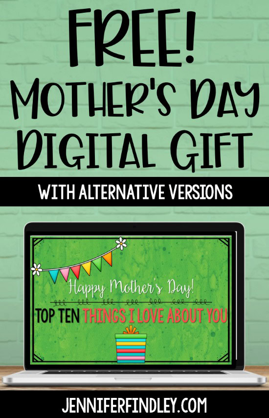 Do you need a digital Mother’s Day gift idea this year? Grab a FREE Top Ten Slideshow Gift that your students can make easily in Google Slides and share with their moms or loving guardians!