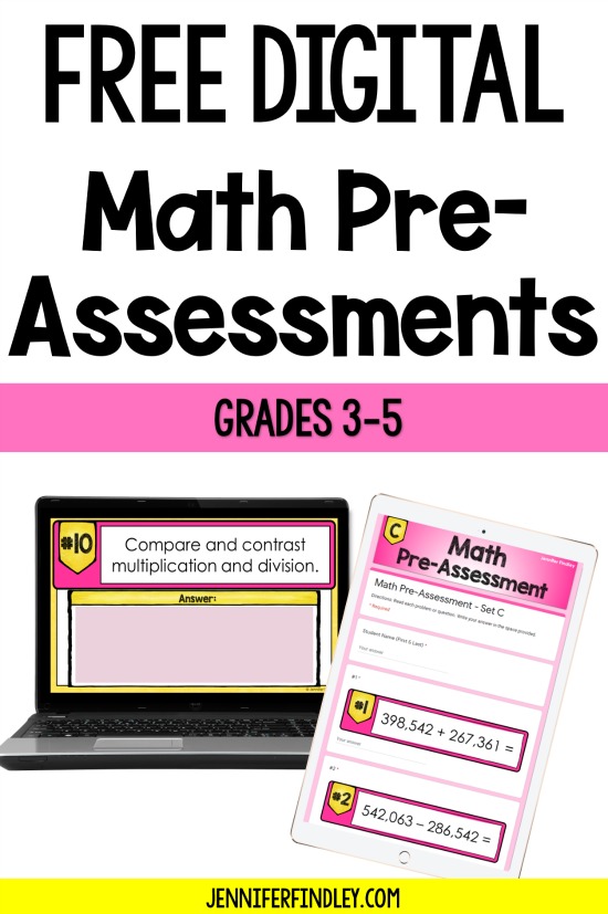 Free digital math pre-assessments for grades 3-5! Use these digital assessments to get an understanding of your students’ math knowledge at the beginning of the year.