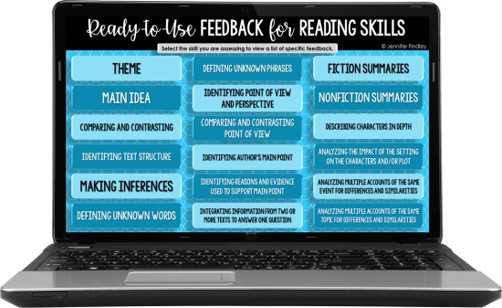 Save time grading + give your students effective feedback with this FREE reading skills feedback bank. Copy and paste the feedback into your online learning platform to give your students specific feedback that improves their learning (and saves you time).