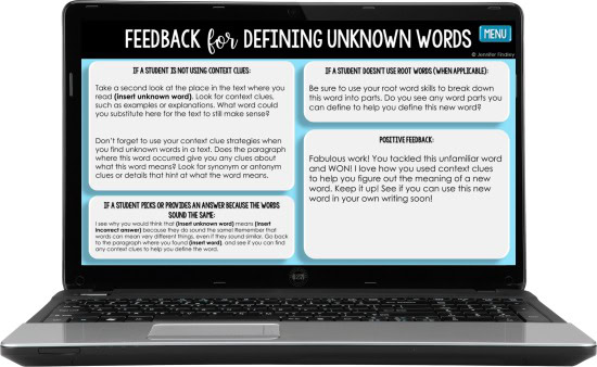 Save time grading + give your students effective feedback with this FREE reading skills feedback bank. Copy and paste the feedback into your online learning platform to give your students specific feedback that improves their learning (and saves you time).