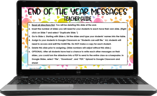 teacher guide to end of year message activity