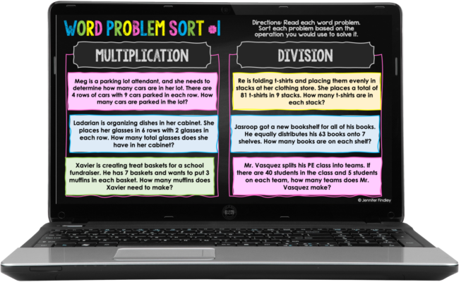 Free multiplication and division word problem sort for grades 3-5! Perfect for word problem intervention activities!