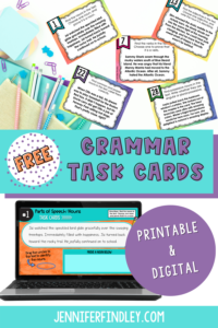 Free parts of speech task cards for grades 4-5! Review parts of speech with these free printable and digital grammar task cards.