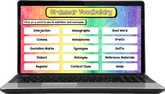 Free digital grammar vocabulary posters! Use these to help your students remember and master 5th grade grammar concepts and skills.