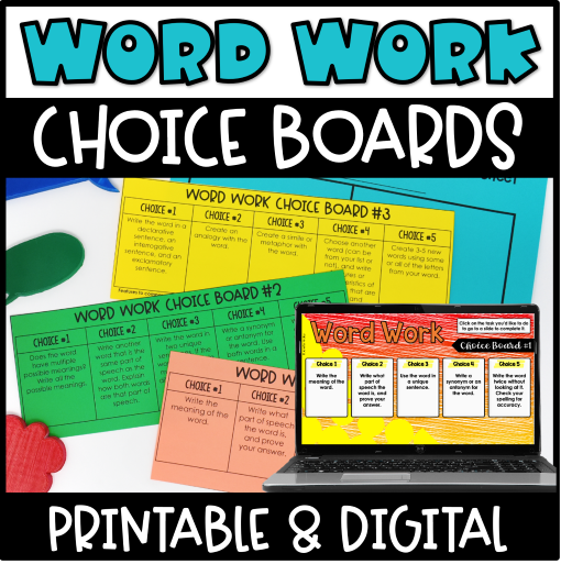 Free Word Work Choice Boards for Grades 4-5