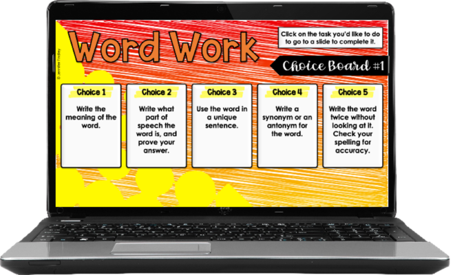 Free digital word work choice boards to work with any spelling list!