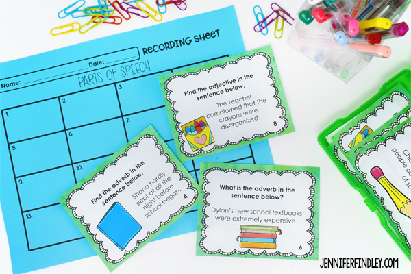 Free printable and digital parts of speech task cards for grades 4-5! Practice basic understanding of nouns, verbs, adjectives, and adverbs.