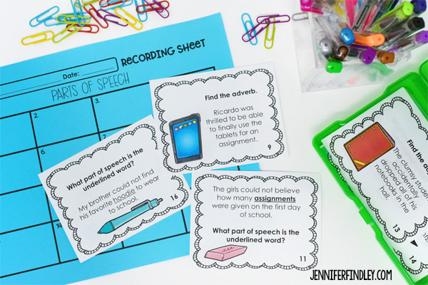 Free printable and digital parts of speech task cards for grades 4-5! Practice basic understanding of nouns, verbs, adjectives, and adverbs.