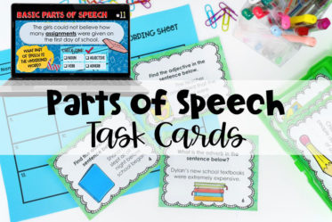 Free printable and digital parts of speech task cards for grades 4-5! Practice basic understanding of nouns, verbs, adjectives, and adverbs.