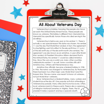 Looking for some reading comprehension assignments for Veterans Day? These are great for grades 4-5.
