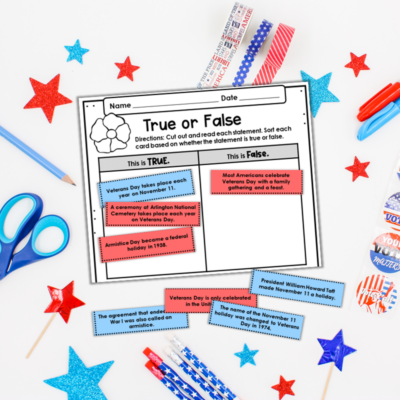 Interactive reading comprehension activities for grades 4-5 with a Veterans Day theme.